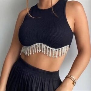 ZARA Black Ribbed Rhinestone Fringe Crop Top Size L